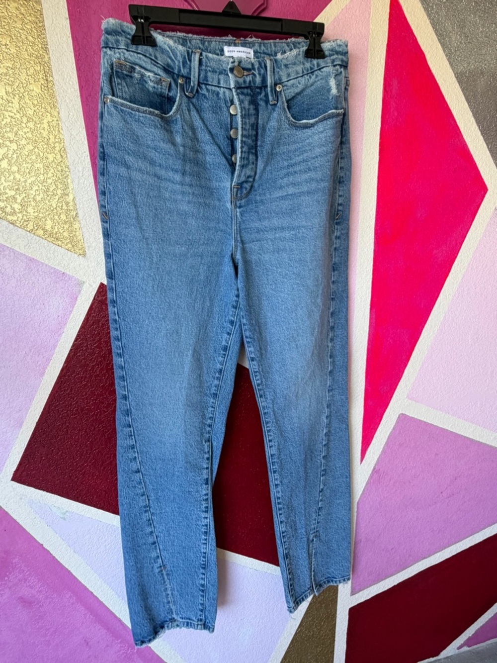 Good American High Rise Button Fly Raw Hem Distressed Jeans Size 8/29 Light Wash - Picture 2 of 9